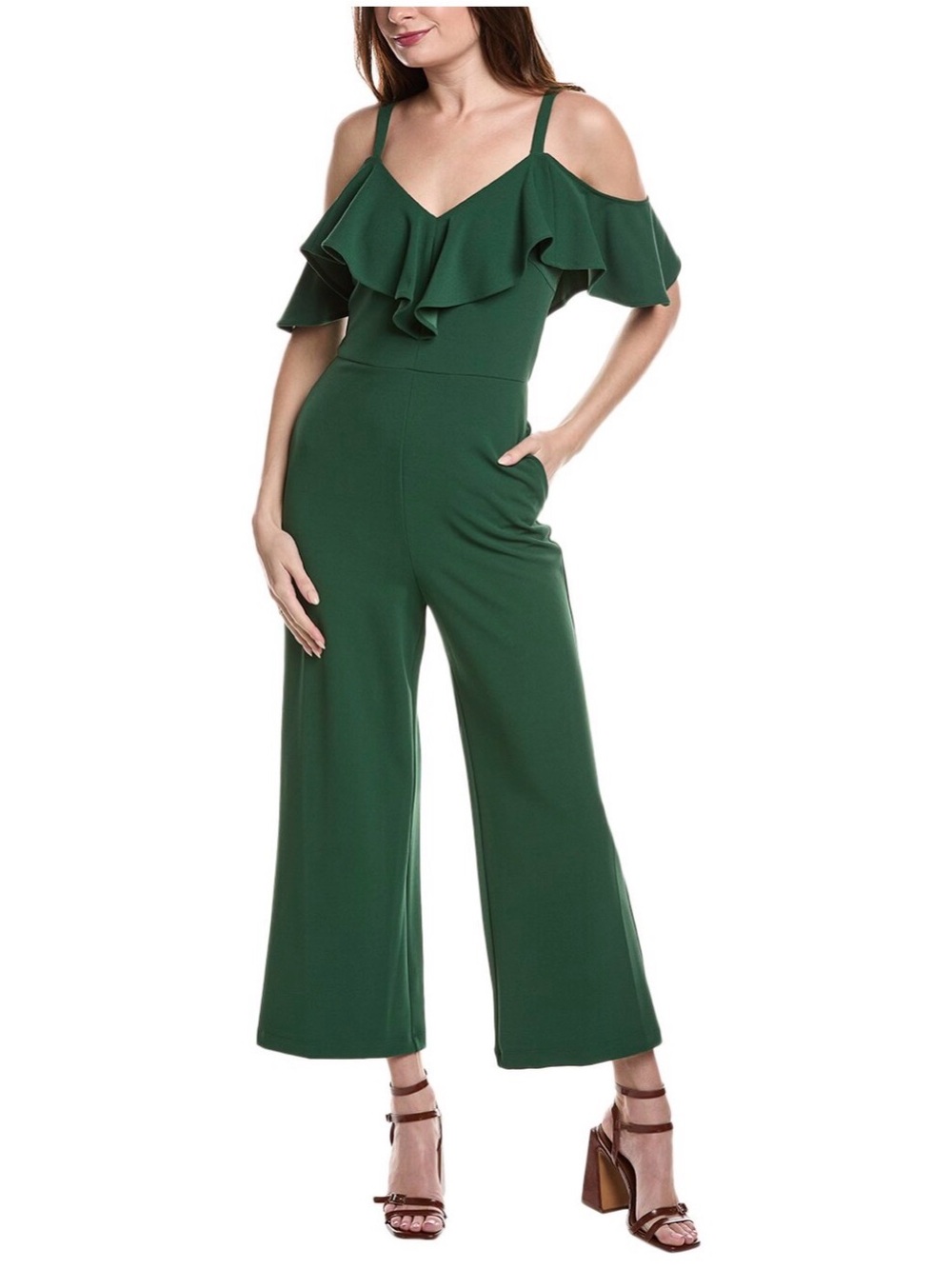 Rachel Roy Emerald Green Cold-Shoulder Ruffle Jumpsuit Size XL